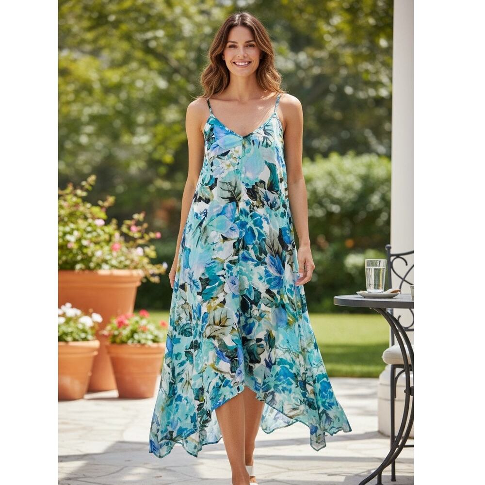 La Blanca Cover Up Dress Womens M Multicolor Watercolor Floral Handkerchief Hem - Picture 15 of 15
